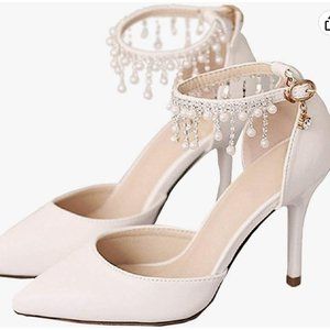 White Pointed Heel with Rhinestone Ankle Strap Size 40 US 9